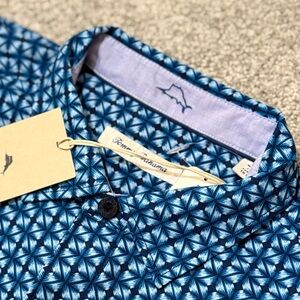 NWT Tommy Bahama Coasta Geo‎ 100% Silk Polo Shirt Blue Canal Print Size L